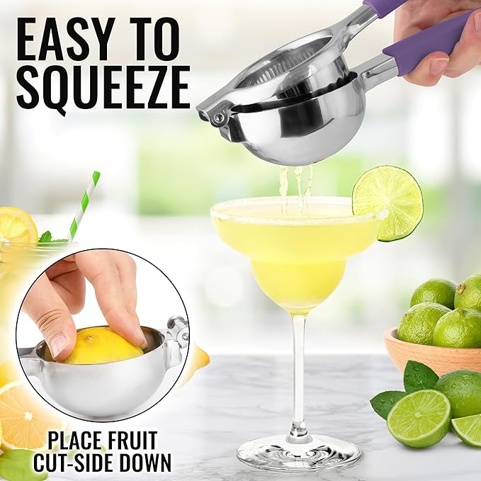Zulay Kitchen Lemon Squeezer Stainless Steel with Premium Heavy Duty Solid Metal Squeezer Bowl and Food Grade Silicone Handles - Large Manual Citrus Press Juicer and SS Lime Squeezer (Purple)
