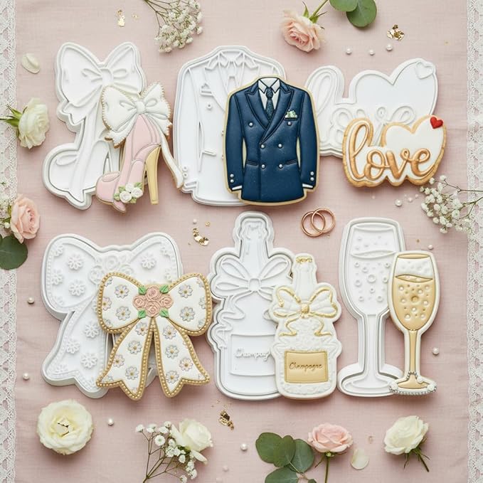 Wedding Cookie Cutters Set of 6 Dress Molds 3.5" with Plunger Stamps Baking Dough Tools Cake Shapes PLA Accessories for Birdesmaid Decorative Party Kitchen Supplies