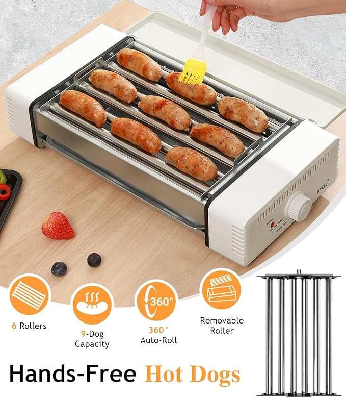 3-in-1 Electric Grill with Hot Dog Roller, Portable Indoor Outdoor BBQ Grill, Griddle and Sausage Roller Machine with Removable Non-Stick Plate & Drip Tray, for Tailgate, Camping, RV, Home Kitchen