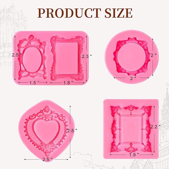 Puyeipt 4 Pcs Photo Frame Silicone Molds, Baroque Style Picture Photo Frames Fondant Molds for Cupcake Topper, Chocolate, Candy, Donut Cake Puck Decoration and Clay Craft Making