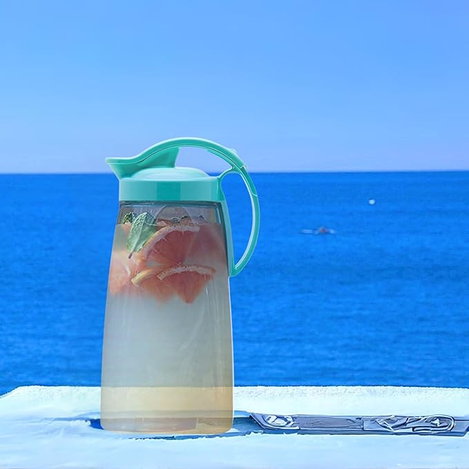 High Heat Resistant 2.3 QT One-touch Airtight Water Pitcher Set with Lid for Coffee, Tea, Other Hot or Cold Beverages Quickpour Jug, Leak Proof & Space Saving, Dishwasher Safe, Made in Japan (SET)