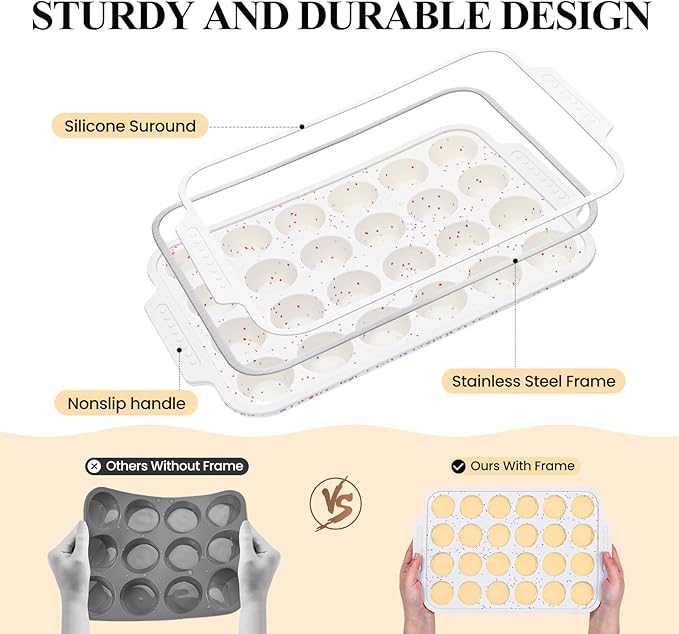 Vinino Silicone Cupcake Pan Set with Metal Reinforced Frame, Regular 12 Cup and Mini 24 Cup Muffin Pans for Baking with Non-Slip Handle, Nonstick Muffin Tray for Oven, BPA Free, Dishwasher Safe