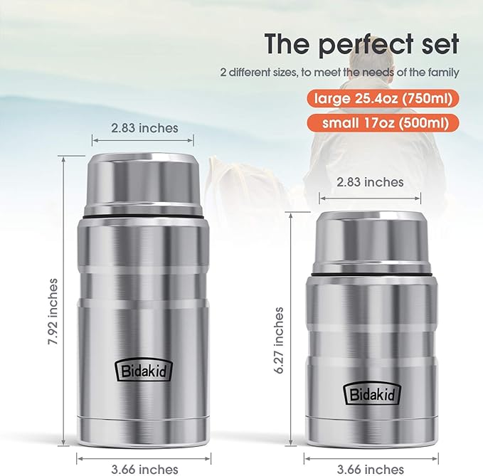 Insulated Food Jar Set – 25.4oz & 17oz Stainless Steel Containers with Folding Spoon and Carrying Bags – Leak-Proof, Keeps Food Hot or Cold for up to 12 Hours – Ideal for Work, School, Travel