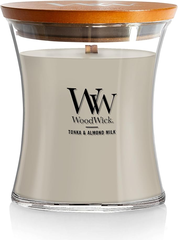 WoodWick Tonka & Almond Milk Gifts for Women and Men, 9.7 oz Medium Hourglass Candle with Crackling Wick