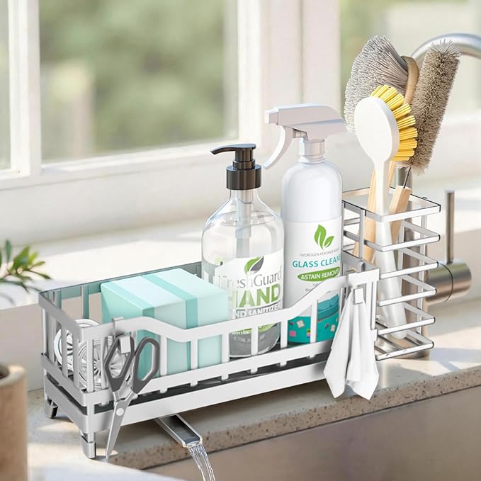 Sponge Holder for Kitchen Sink, Kitchen Sink Caddy with Long-Handled Dish Brushes Holder, 304 Rustproof Stainless Steel Countertop Organizers and Storage, Home Kitchen Sink Accessories(Silver)