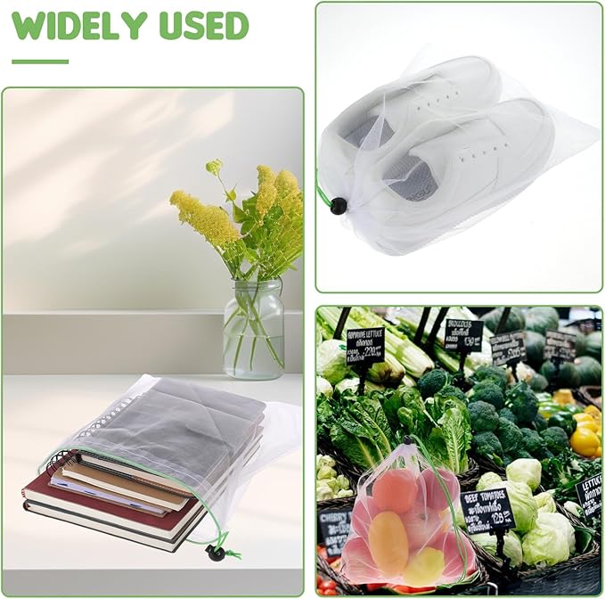 TIESOME 8PCS Reusable Produce Mesh Bags, Washable Vegetable Storage Bags With Drawstring Transparent Toy Organizer Bags Eco-Friendly Grocery Storage Mesh Bags for Farmers Market Refrigerator Storage