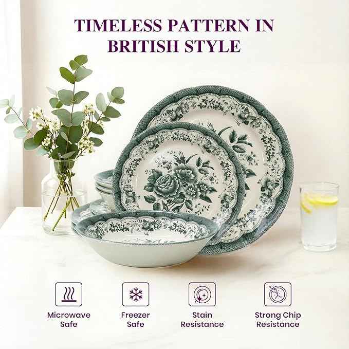 TUDOR ROYAL 12-Piece Porcelain Round Dinnerware Set, Service for 4, VICTORIA Green Design, Blue Floral, Plates Bowls Dishes, Premium Quality Tableware, Unique Pattern, Glossy