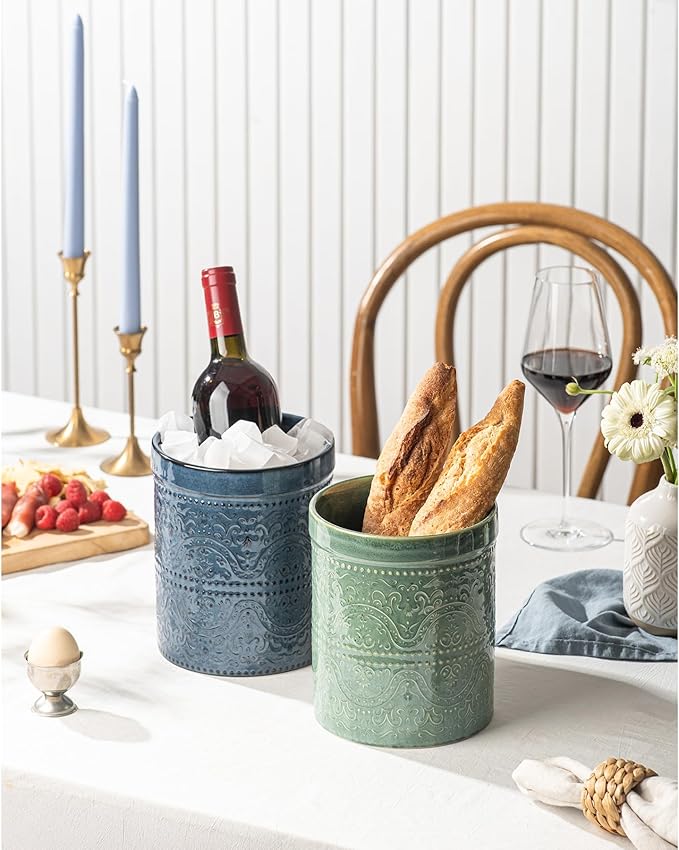 Kitchen Utensil Holder, 7 Inches Large Ceramic Utensil Holder for Countertop, Lace Emboss Cooking Utensil Crocks for Kitchen, Home Decor, Reactive Blue