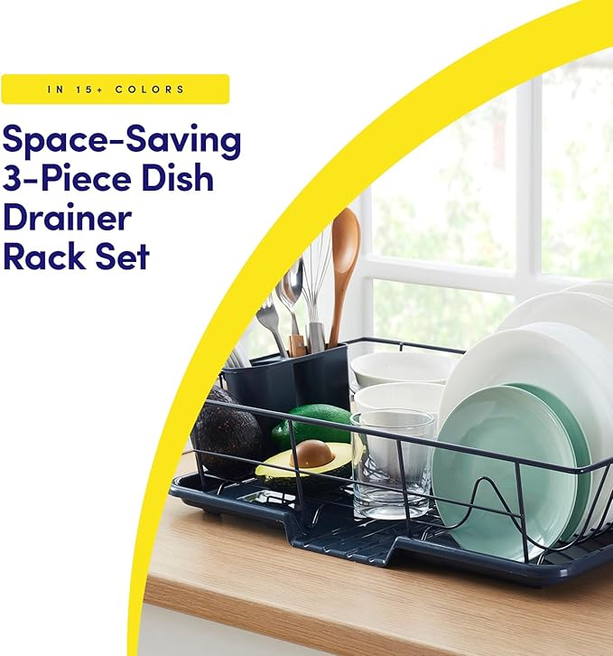 Sweet Home Collection Space-Saving 3-Piece Dish Drainer Rack Set: Efficient Kitchen Organizer for Quick Drying and Storage - Includes Cutlery Holder and Drainboard - Maximize Countertop Space, Navy