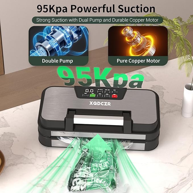 95kPa Vacuum Sealer Machine, Powerful Double Pump 10-in-1 Food Sealing System with Double Heat Seal, Built-in Cutter & Bag Storage, Easy-Lock Handle, Hose, 2 Bag Rolls, Durable Stainless Steel Design