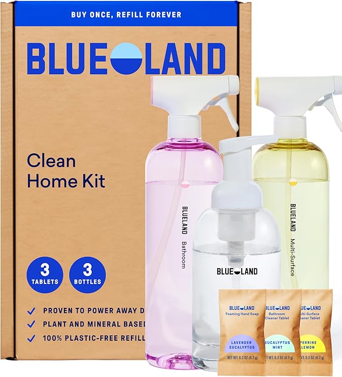 BLUELAND Clean Home Kit, 3 Reusable Bottles with 3 Tablets, Makes 1 Bottle Each of Foaming Hand Soap, Multi-surface Cleaner, Bathroom Cleaner