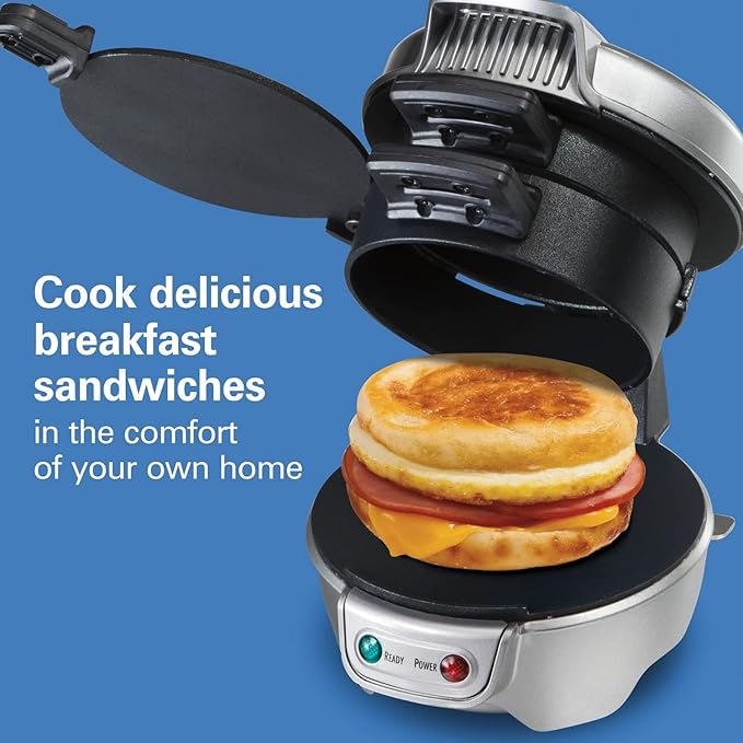 Hamilton Beach Breakfast Sandwich Maker with Egg Cooker Ring,Customize Ingredients,Perfect for English Muffins,Croissants,Mini Waffles,Perfect White Elephant Gifts,Silver (25475),(Pack of 4)