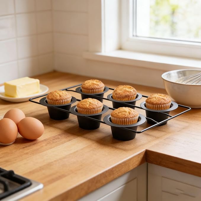 6 Cup Popover Pan, Non Stick Carbon Steel Bakeware with Wire Rack, Deep Tapered Cups Kitchen Supplies for Popovers Muffins