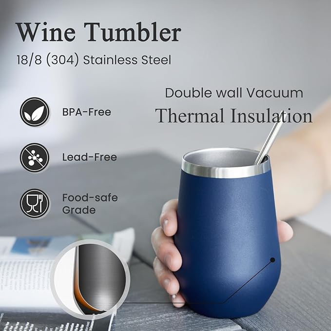 MEWAY 12oz/8 Pack Wine Tumbler Glasses with Lid - Stemless Double Wall Vacuum Stainless Steel Tumbler Keeping Cold & Hot for Wine,Drinks - Family and Gifts, Ideal for Travel and Office(Navy,Set of 8)