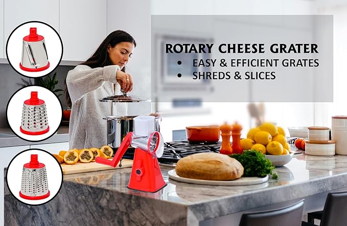 Premium Rotary Cheese Grater - Effortless Grating for Perfectly Shredded Cheese Every Time! (Red)