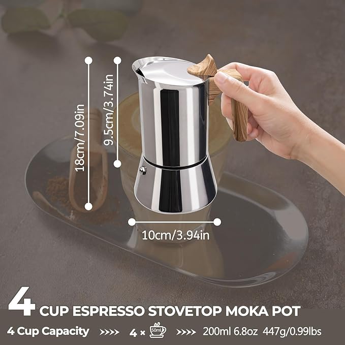 Uncoated 4 Cup Moka Pot 304 Thickened Stainless Steel Coffee Maker Stovetop Espresso Coffeemaker Italian Classic Style Brewing Greca Cafe Mocha Machine for Cafeteras Camping Travel Home 200ml 6.6oz
