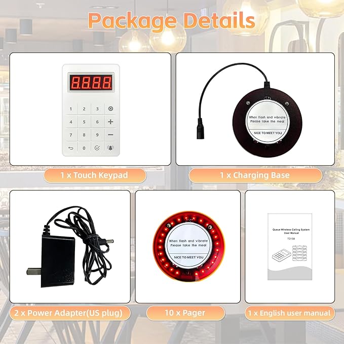 Restaurant Pager System, Long Range Social Distancing Pagers for Restaurants,10 Coaster Beepers with Vibration Flashing Buzzer, Queue Wireless Calling System for Food Truck Church Nursery Coffee Shop
