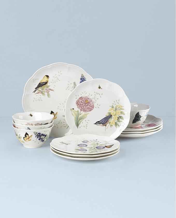 Lenox Dinnerware Set, Butterfly Meadow Flutter 12-Piece Set, Service For 4, Elegant White Porcelain, Dishwasher Safe, Chip Resistant, Plates And Bowls Sets, Home and Kitchen (Assorted, 12 Pieces)