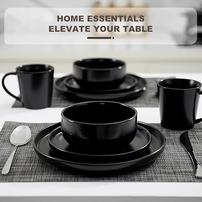 EWFEN 16-Piece Ceramic Dinnerware Sets with Mugs for 4, Black Plates and Bowls Set with Classic Design, Scratch Resistant Dishes Set, Dishwasher & Microwave Safe