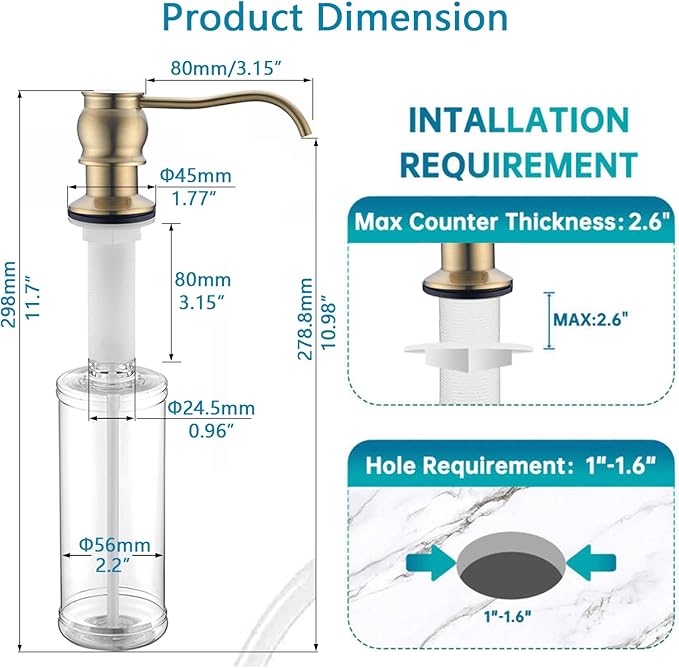 Built in Deck Mount Liquid Lotion Kitchen Countertop Metal Soap Dispenser, Brushed Gold Brass Dispenser Pump with 500ml (17oz) High Capacity Bottle