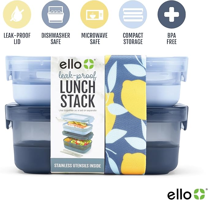 Ello 2-Pack Lunch Stack Plastic Food Storage Container Bento Box with Airtight, Leak-Proof Locking Plastic Lids and Silicone Base, BPA-Free, Freezer, Microwave, and Dishwasher Safe, Blueberry