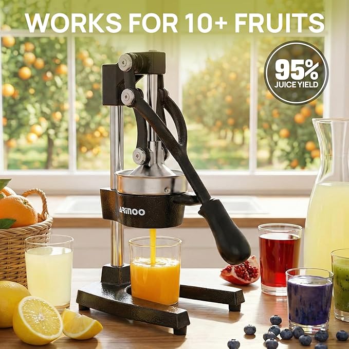 Kitchen Cast Iron Citrus Juicer,Manual Hand Press Orange Juicer,Heavy Duty Countertop Squeezer for Lemon,Orange, Easy to Use & Clean（Black)