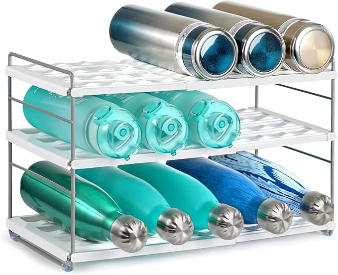 10.6-16.7" Adjustable Width Water Bottle Organizer for Cabinet, 3-Tier Expandable Water Bottle Holder Rack, Cup and Tumbler Storage for Kitchen Organization, Sports Flask, Insulated Travel Mug, Fridge