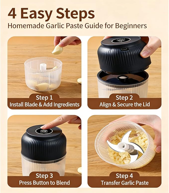 2026 Upgraded Electric Garlic Chopper 320ML Mini Food Processor, 6 Stainless Steel Blades, USB Rechargeable Portable Cordless Veggie Vegetable Onion Nut Meat Grinder, One blue Six blades & egg beater