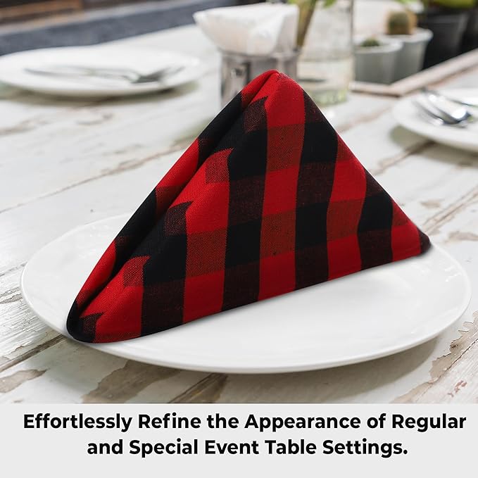 Urban Villa Cotton Dinner Napkins Set of 12, 20x20 Inche Soft Premium Cotton Napkins, Hotel Quality Highly Absorbent, Reusable & Washable Mitered Corner Table DinnerNapkins - (Red/Black, Checks)