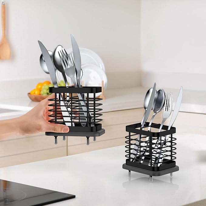 2 Slots Utensil Holder for Kitchen Counter, Small Stainless Steel Cutlery Holder Organizer with Drying Diatomaceous Earth Base, Utensil Drying Rack Spoon Fork Organizer Crock Storage, Black