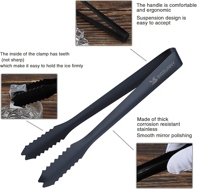 MSY BIGSUNNY 7 Inch Ice Tongs for Ice Bucket, Thickened Stainless Steel Small Serving Tongs, Mirror Polished Metal Tongs (Set of 2, Black)