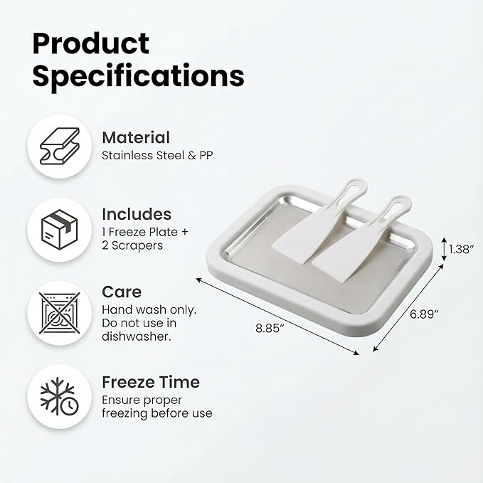 At-Home Rolled Ice Cream Maker Kit, Instant Freeze Plate with 2 Scrapers, DIY Ice Cream Roll Tray for Kids & Adults, Homemade Gelato, Sorbet & Frozen Yogurt, Stainless Steel Dessert Maker (White)