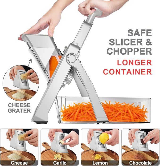 QYKIC 2026 Upgrade Safe Mandoline Slicer,Vegetable Chopper,Potato Slicer, Onion Chopper with Drain Basket Storage Container, Cheese Grater Kitchen Chopping Artifact (SliverGray)
