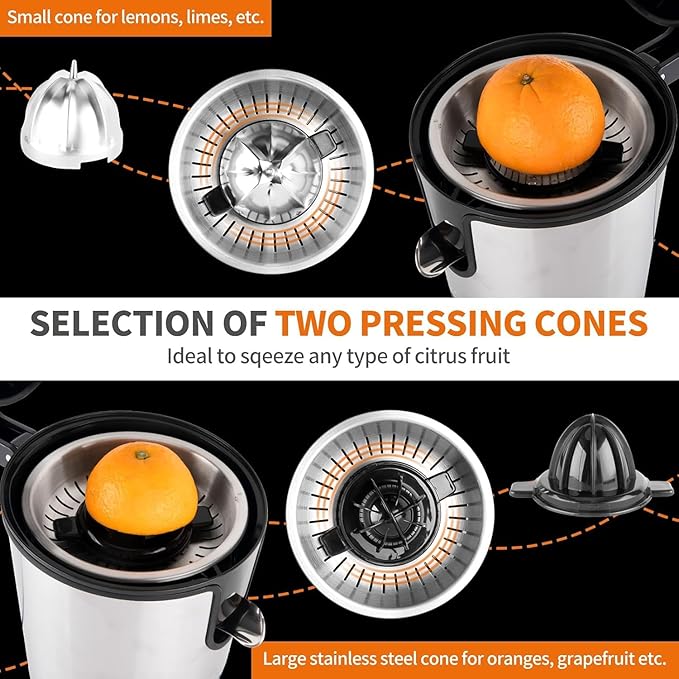 Electric Citrus Juicer, 350W 15000rpm Auto Off Dishwasher Stainless Steel Orange Juicer Ultra Powerful Motor Soft Handle Citrus Squeezer for Oranges, Lemons