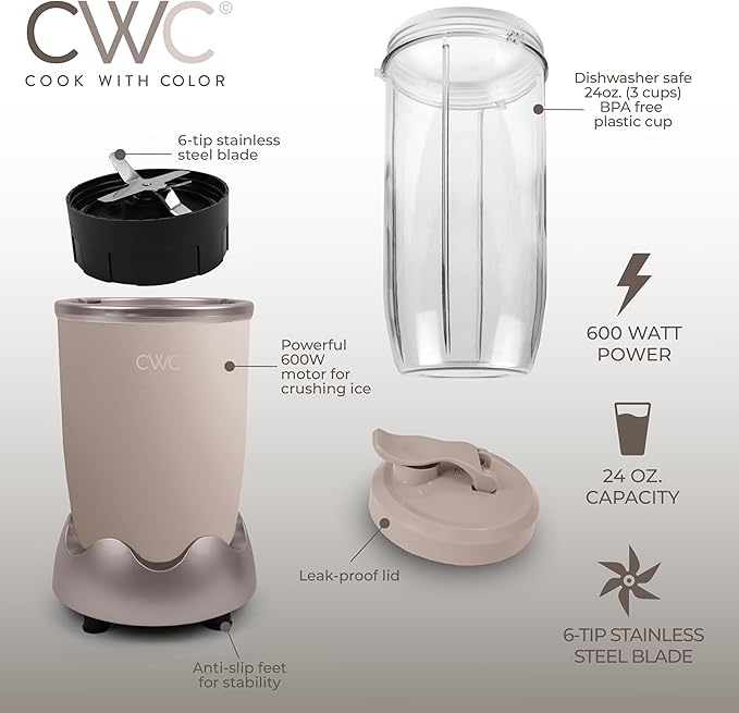 COOK WITH COLOR Personal Power Blender 600W, 24oz Capacity, BPA-Free Jar, Ice-Crushing Blades, Ideal for Smoothies & More, Anti-Slip Feet, Easy to Clean, Goat/Mink