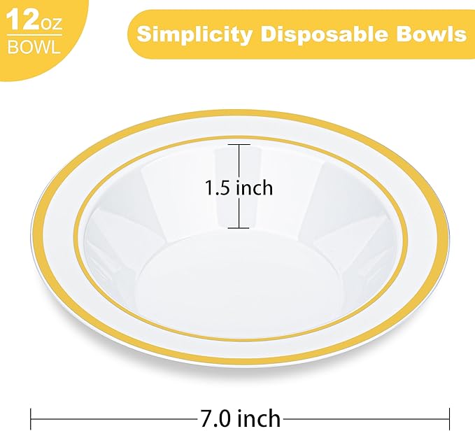 BESTVIP 100 Pack Plastic Bowls with Gold Rim, 12 oz Disposable Soup Bowls, Heavy-duty Dessert Salad Bowl for Party, Wedding, Christmas, Thanksgiving, Dinner, Catering