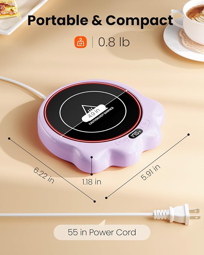 Gaiatop Mug Warmer, 50W Cute Cat Paw Cup Warmers, 3 Temp Settings, 2-10H Auto Shut Off, Coffee Accessories Keep Beverage Hot for Desk and Home, Heated Plate Stocking Stuffers for Tea Candle Purple