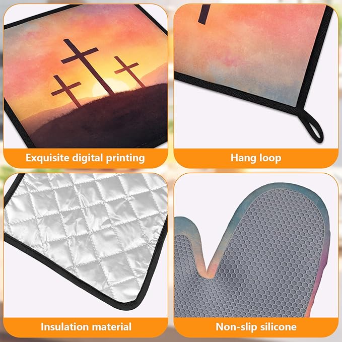 Christian Blessed Cross Sunset Oven Mitts and Pot Holders Sets 4Pcs Silicone Non-Slip Mitts Heat Resistant Gloves Hot Pads for Kitchen Cooking Baking Grilling BBQ