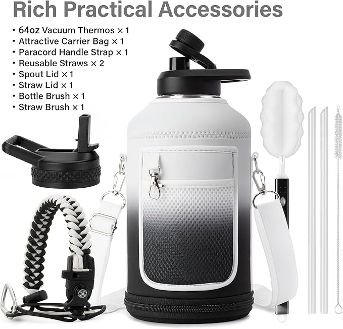 DYSANKY Insulated Water Bottle | Thickened Stainless Steel Vacuum Metal | Portable Sports Half Gallon Large Water Jug for Gym and Hiking with Straw, Carrier Bag, Handle Strap | BPA-Free 64 oz