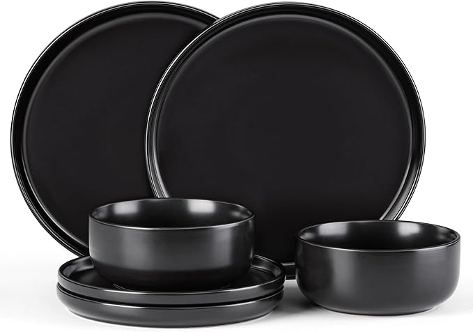 E-far Stoneware Dinnerware Sets for 2, 6-Piece Plates and Bowls Set, Modern Ceramic Dishes Dinning Ware, Microwave & Dishwasher Safe - Matte Black