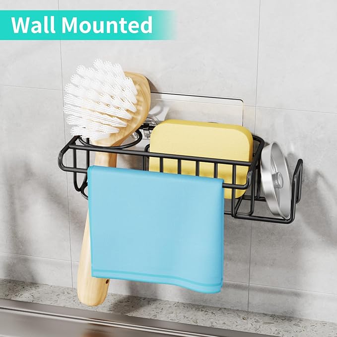 HapiRm 4 in 1 Kitchen Organizers and Storage, SUS304 Stainless Steel Brush Holder + Dish Cloth Hanger + Soap Rack + Sink Stopper Rack, No Drill Kitchen Essentials - Black