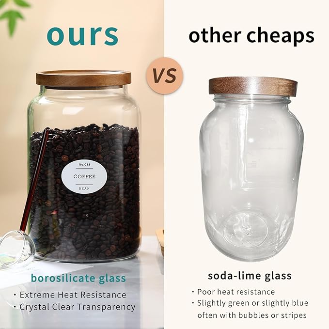 2-pack 3/4 gallon glass storage container with Acacia Wood Lids and glass spoon, Sealable Waterproof, Large Tall Glass Jar,Glass food storage Jars Set for Coffee bean, Nut, Candy, Cereal, Flour，sugar