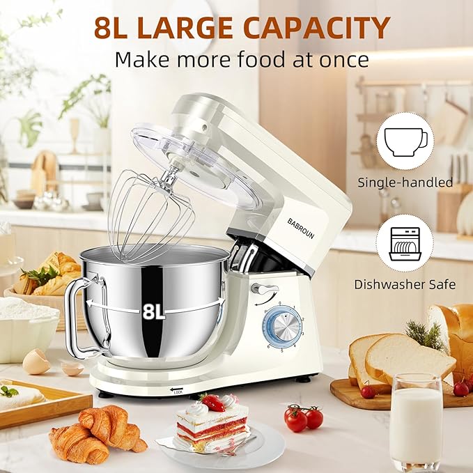 Dough Mixer 8.45 QT Electric Mixer - 660W 6 Speed Large Capacity Kitchen Stand Mixer with Whisk Dough Hook Mixing Beater Household Food Mixer for Baking Cakes Cookie Bread Salad
