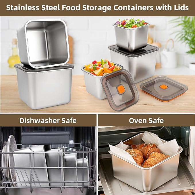 2 PCS Stainless Steel Food Storage Containers(27oz) with Lids Leak Proof & Airtight | Square Stainless steel freezer Containers,For Meal Prep,Fruit,Snack,Freezer