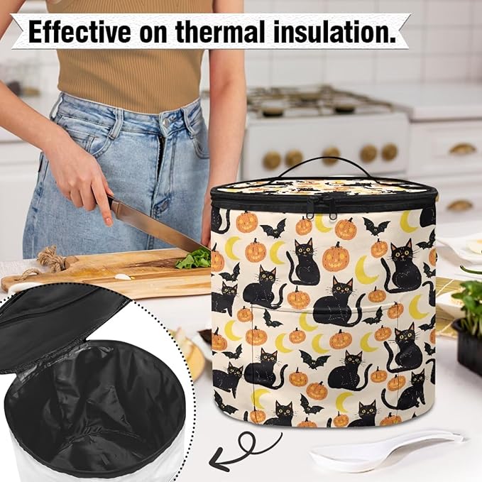 Halloween Electric Pressure Cooker Insulation Bag Effective Insulation Pressure Cooker Handbag Keep Your Cooker Dust Free, Pumpkin Moon Black Cat