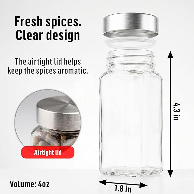 Deco haus Glass Spice Jars with Stainless Steel Lids 36 x 4oz [LABELS incl] Spice Containers with 280 Labels, Funnel & Chalk Marker - Empty Herb Seasoning Containers, Small Seasoning Bottles for Herb