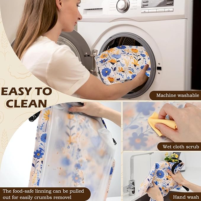 2 Pack Reusable Bread Bags for Homemade Bread, 17"×13" Sourdough Bread Storage Bags with Bowl Cover - Keep Loaf Fresh and Easy to Wash(Blue-Yellow Floral)