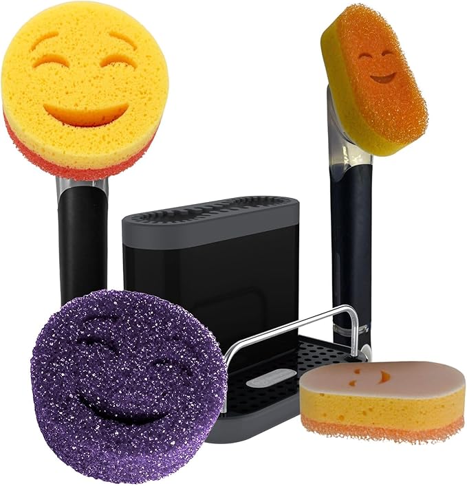 Smilyeez Caddy Combo, Sink Caddy, Smiling Handle, 2 Scrub Moji Sponges, Dishwand with 2 Mini Moji Sponges (Black)