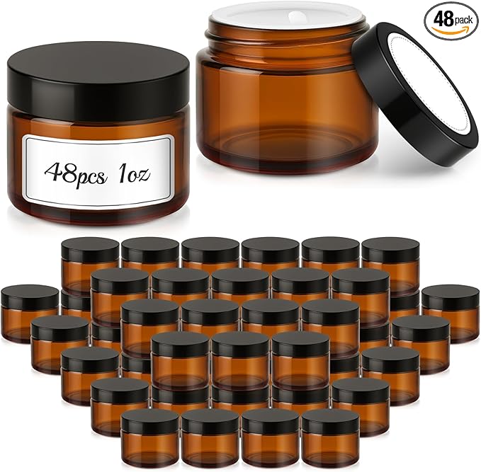 1 oz Glass Jars with Lids, Bumobum 48 pack Amber Cream Jars with Black Lids, Black and White Labels & Inner Liners, Empty Cosmetic Containers for Homemade Balms, Lotion, Salve, Ointment, Body Scrub