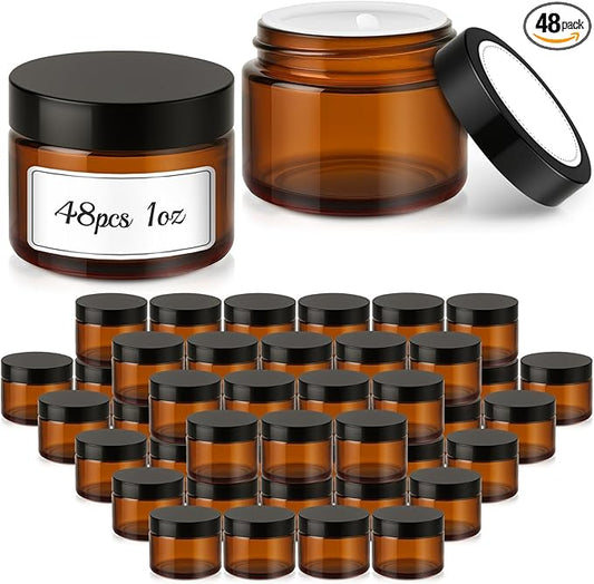 1 oz Glass Jars with Lids, Bumobum 48 pack Amber Cream Jars with Black Lids, Black and White Labels & Inner Liners, Empty Cosmetic Containers for Homemade Balms, Lotion, Salve, Ointment, Body Scrub
